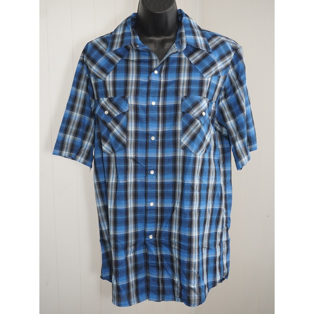 Plains Western Wear Size M Blue Plaid Short Sleeve Western Pearl Snap Shirt